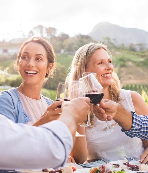 Happy friends raising their glasses in a toast at a winery