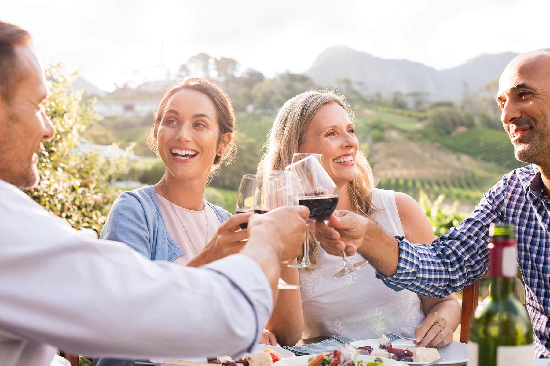 Happy friends raising their glasses in a toast at a winery